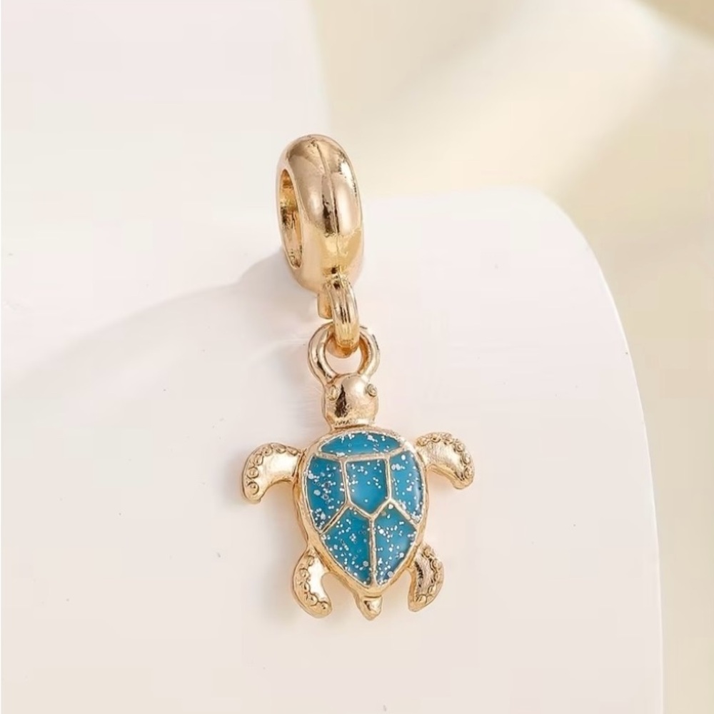 Golden Sterling Silver 925 Turtle Charm Pendant with Sparkling Blue Enamel